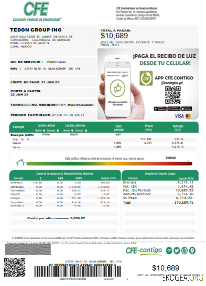Facture de services publics de la Commission Fédérale de l'Électricité (CFE) SCR page 1